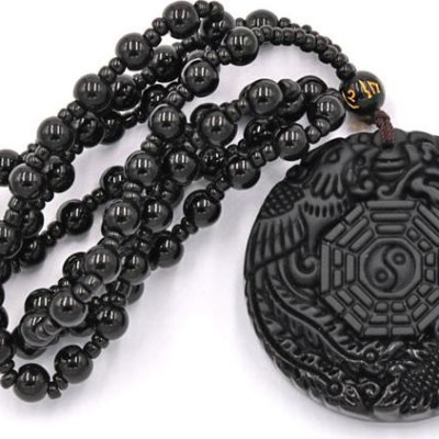 Vòng cổ long phụng bát quái thạch anh đen DBQD24