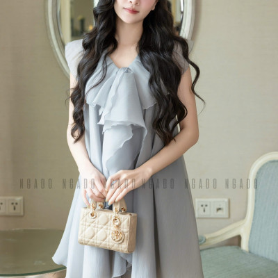 Đầm voan xám phối bèo NGADO , đầm voan , đầm kiểu