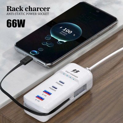 Ổ cắm sạc nhanh điện thoại 4 cổng đa năng 2PD+2USB Type-c kèm dây sạc 66w - Hàng chính hãng