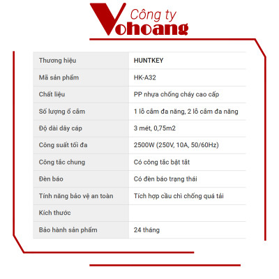 Ổ cắm điện 3 lỗ cắm Huntkey HK-A32 dây dài 3 mét, chịu tải 2500W với 2 lỗ cắm đa năng - Hàng chính hãng