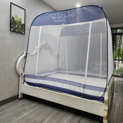 Màn Chụp Cao Cấp Mộc Miên Đỉnh Vuông - Xanh Xám 3 Đường Kẻ ( video , hình thật )