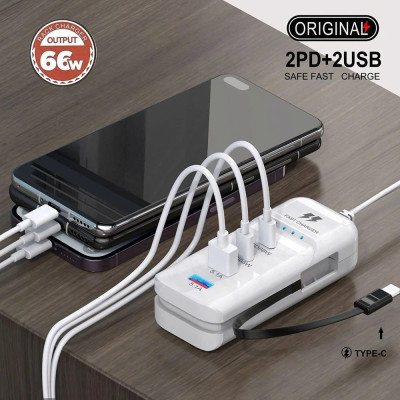Ổ cắm sạc nhanh điện thoại 4 cổng đa năng 2PD+2USB Type-c kèm dây sạc 66w - Hàng chính hãng