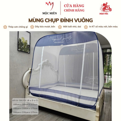 Màn Chụp , Mùng Chụp Cao Cấp Mộc Miên Đỉnh Vuông - Kích Thước 1,8mx2m ( Xanh Xám 3 Đường Kẻ ) 