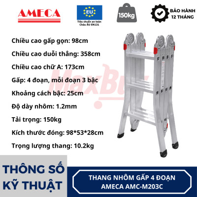 Thang nhôm gấp đa năng 4 khúc  Ameca chân choãi - 1m8 - 2m3 - 2m9
