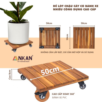 Đế Lót Chậu Cây Có Bánh Xe CỠ LỚN Vuông 50cm, Làm Giá Đỡ Kệ Hoa Cây Cảnh, Màu Vàng Nắng, Chịu Tải 150Kg