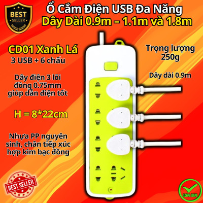 Ổ Cắm Điện USB Thông Minh Cao Cấp Chống Giật Dây Dài 0.9m – 1.1m và 1.8m, Ổ Cắm Điện Công Suất 2500W Có Chốt An Toàn D Danido, Nhựa Nguyên Sinh, Bền Bỉ