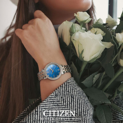 Đồng Hồ Nữ Citizen Pin-Quartz Đính Đá Swarovski Dây Thép Không Gỉ EL3106-59L - Mặt Xanh (31mm)