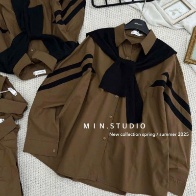 Áo sơ mi thô tay dài nâu kèm khăn siêu HOT