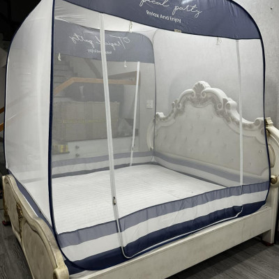 Màn Chụp Cao Cấp Mộc Miên Đỉnh Vuông - Xanh Xám 3 Đường Kẻ ( video , hình thật )