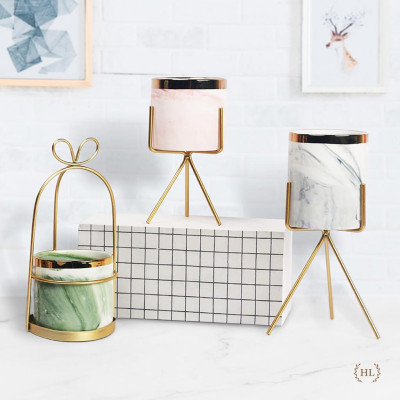 Giỏ Sứ khung hợp kim mạ vàng | LẴNG SỨ VÂN ĐÁ | GIỎ SỨ VÂN ĐÁ