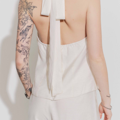 DOTTIE - Áo cổ đổ cột dây - Be nhạt - T1129