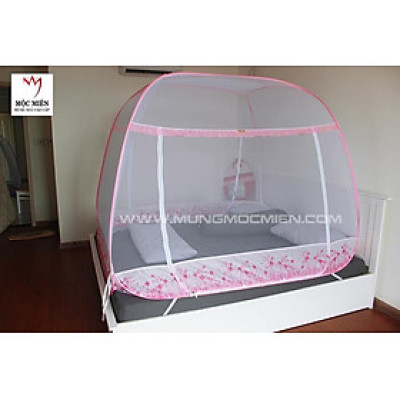 Màn Chụp , Mùng Chụp Tự Bung Cao Cấp Mộc Miên Đỉnh Rộng - Hoạ Tiết Hoa Lá Trắng Viền Hồng ( Hà Nội )