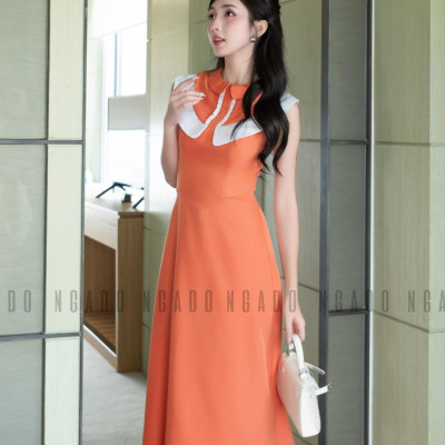 Đầm cam cổ sen phối trắng NGADO, đầm dự tiệc , đầm dạo phố