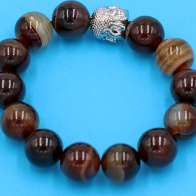 Chuỗi tay mã não nâu sọc 14 ly - cẩn hạt Như Lai Inox trắng VMNNSNLT14 - hợp mệnh Kim, mệnh Thổ