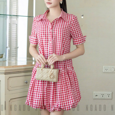 Đầm babydoll caro đỏ cổ sơ mi NGADO , đầm caro , đầm Nữ