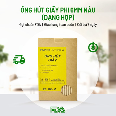 Hộp 200 ống hút giấy phi 6mm màu nâu kraft ECOPINE - Dùng cho cafe, nước ngọt, nước ép