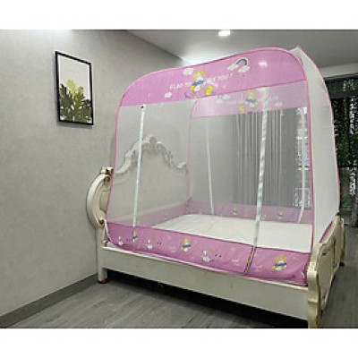 Màn Chụp , Mùng Chụp Cao Cấp Mộc Miên Đỉnh Vuông - Kích Thước 1,8mx2m ( Trắng Viền Hồng )