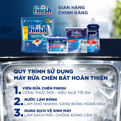 Combo Finish nâng cao 3:Viên Rửa Chén Bát Finish Powerball Quantum 64 viên + Nước làm bóng 500ml + Dung dịch vệ sinh máy