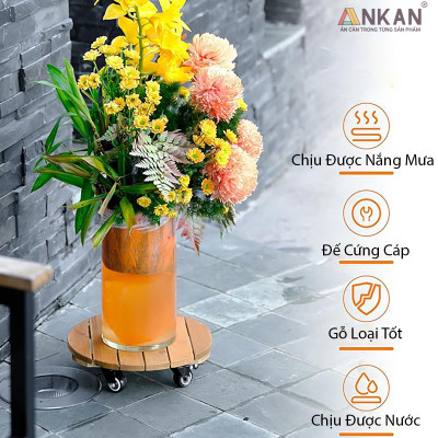 Đế Kê Chậu Cây Có Bánh Xe ANKAN, R30cm Làm Giá Đỡ Kệ Hoa Cây Cảnh, Màu Vàng Nắng, Chịu Tải 150Kg
