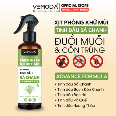 Bình Xịt phòng tinh dầu Sả Chanh, Bạc hà, Quế, Bạch đàn chanh Vemoda giúp hỗ trợ đuổi muỗi, thơm phòng nhanh chóng. Chai xịt hỗ trợ đuổi muỗi từ tinh dầu thiên nhiên