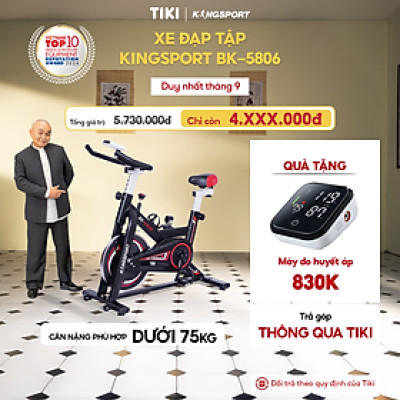 Xe đạp tập thể dục tại nhà Kingsport BK-5806, tích hợp đồng hồ thông minh đo nhịp tim và các thông số khi tập luyện, cân nặng phù hợp từ dưới 70-75kg