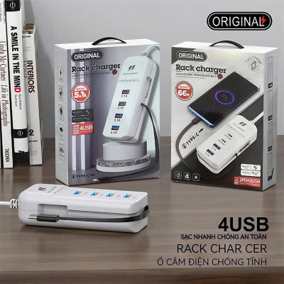 Ổ cắm sạc nhanh điện thoại 4 cổng đa năng 2PD+2USB Type-c kèm dây sạc 66w - Hàng chính hãng