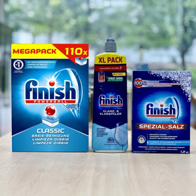 COMBO FINISH: Viên rửa bát Finish Classic 110 viên + Muối 1,2kg + Nước làm bóng 750ml