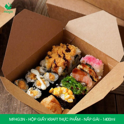 MFHG3N - 50 hộp giấy kraft thực phẩm 1400ml, hộp giấy nắp gập màu nâu đựng thức ăn, hộp giấy nắp gài gói đồ ăn mang đi 