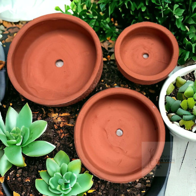 Bộ 3 Chậu Gốm Đất Nung Sọc Caro Và Góc Cây