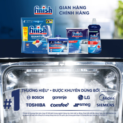 Combo Finish nâng cao 3:Viên Rửa Chén Bát Finish Powerball Quantum 64 viên + Nước làm bóng 500ml + Dung dịch vệ sinh máy