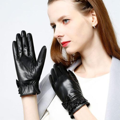 Găng tay nữ da cừu phối nơ nữ tính - BHY8714 Bao tay nữ mùa đông, lót lông, giữ ấm, cản gió, chống nước, cảm ứng điện thoại.