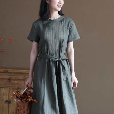 Đầm ngắn tay chất liệu linen cao cấp, dáng suông basic dễ mặc, phong cách kín đáo nhã nhặn NH191 xanh xám