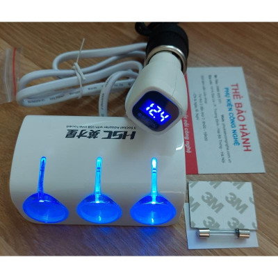 Chia tẩu Ô tô 1 ra 3 công suất 120W có cổng sạc USB và báo điện áp