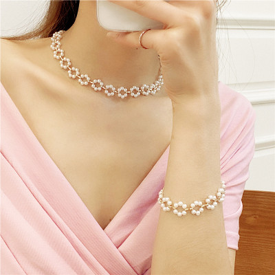 Set dây chuyền và vòng tay lắc tay mix hạt châu hoa nữ tính thanh lịch