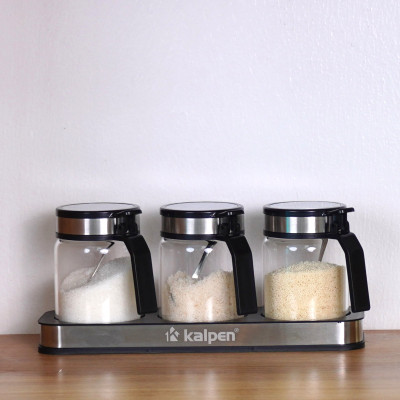 Bộ 3 hũ thủy tinh đựng gia vị 300ml Kalpen SB2 kèm khay và muỗng Inox