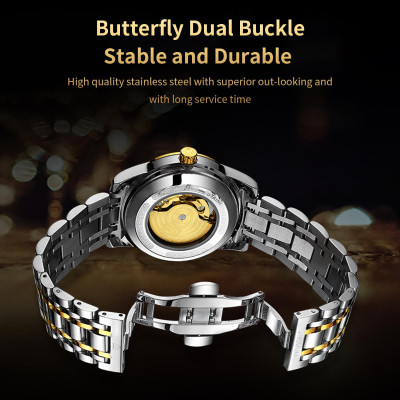 Đồng hồ nam dạ quang Tevise Skeleton/Tourbillon không thấm nước Moon Phase - Vàng & Đen