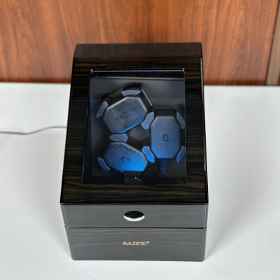 [BH 2 Năm Động Cơ] Hộp Đồng Hồ Cơ 3 Xoay + 3 Tĩnh Vỏ Gỗ Sơn Vân Gỗ Mun Có Đèn Led