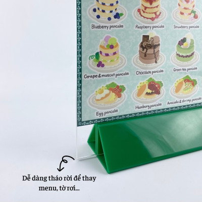 Kệ menu nhà hàng, Standee mica để bàn, Bảng quét mã QR Code, Kệ mica 2 mặt Enter E10-A 100x150mm đế lùa uốn chân chữ A