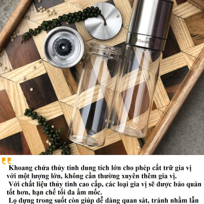 Lọ xay tiêu DandiHome inox 304, thủy tinh Borosilicat cao cấp trong suốt