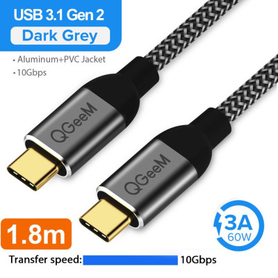 Cáp sạc nhanh QGeeM cổng USB 3.1 mạ vàng Type C to Type C 3A PD 60W dài 1,8 m, dây bện sợi nylong cao cấp - Hàng Chính Hãng