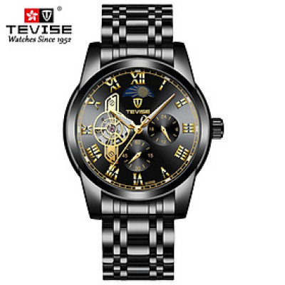 Đồng hồ nam dạ quang Tevise Skeleton/Tourbillon không thấm nước Moon Phase - Vàng & Đen