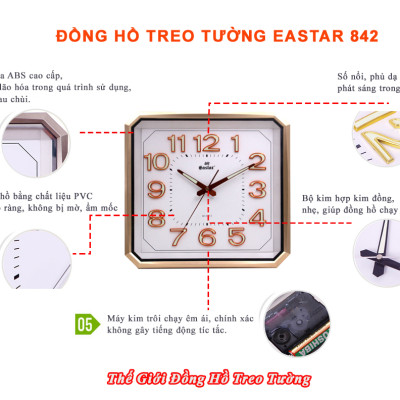 Đồng Hồ Treo Tường Cao Cấp EASTAR Có DẠ QUANG Hình Vuông Cách Điệu - Máy KIM TRÔI NHẬT - Số Nổi 3D - Tặng Pin Maxell - BH 1 Năm