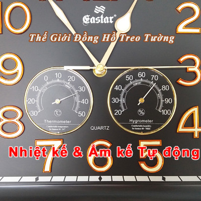 Đồng Hồ Treo Tường Cao Cấp KIM TRÔI EASTAR SỐ NỔI 3D có DẠ QUANG và NHIỆT ẨM KẾ CƠ (Không Dùng Pin) - Hình Vuông Mặt Đen - Tặng Pin AA - Bảo Hành 1 Năm