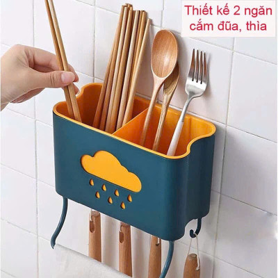 Hộp đựng đũa muỗng treo tường kèm móc treo khăn và dụng cụ bếp, ống đựng đũa muỗng hình đám mây