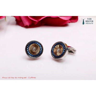Khuy Cài tay áo Măng Set cao cấp đính đá - cufflinks , Full box, đính đá 2 màu
