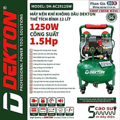 Máy Nén Khí Không Dầu Dekton 12L ( DK-AC2912SW ) 1.5HP, Bảo hành máy chính hãƞg, 100% Dây đồng