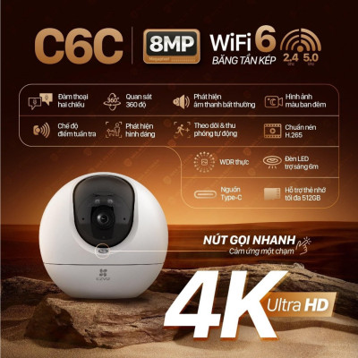 Camera Wifi Ezviz C6C 8M - 4K Siêu Rõ Nét, Quay Quét 360 độ , Đàm thoại 2 chiều, Có màu ban đêm, Phát hiện người AI - hàng chính hãng