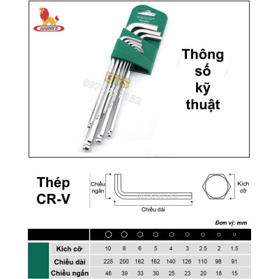 Bộ 9 lục giác đầu bằng, lục giác đầu bi dài đa năng WYNN
