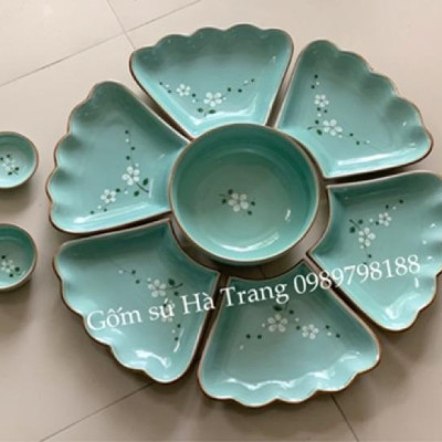 Bộ đĩa hoa mặt trời gốm sứ Bát Tràng cao cấp men lam hoạ tiết đào trắng