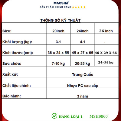 Vali cao cấp Macsim Hanke MSH9860 20 inch - Hàng loại 1 màu đen